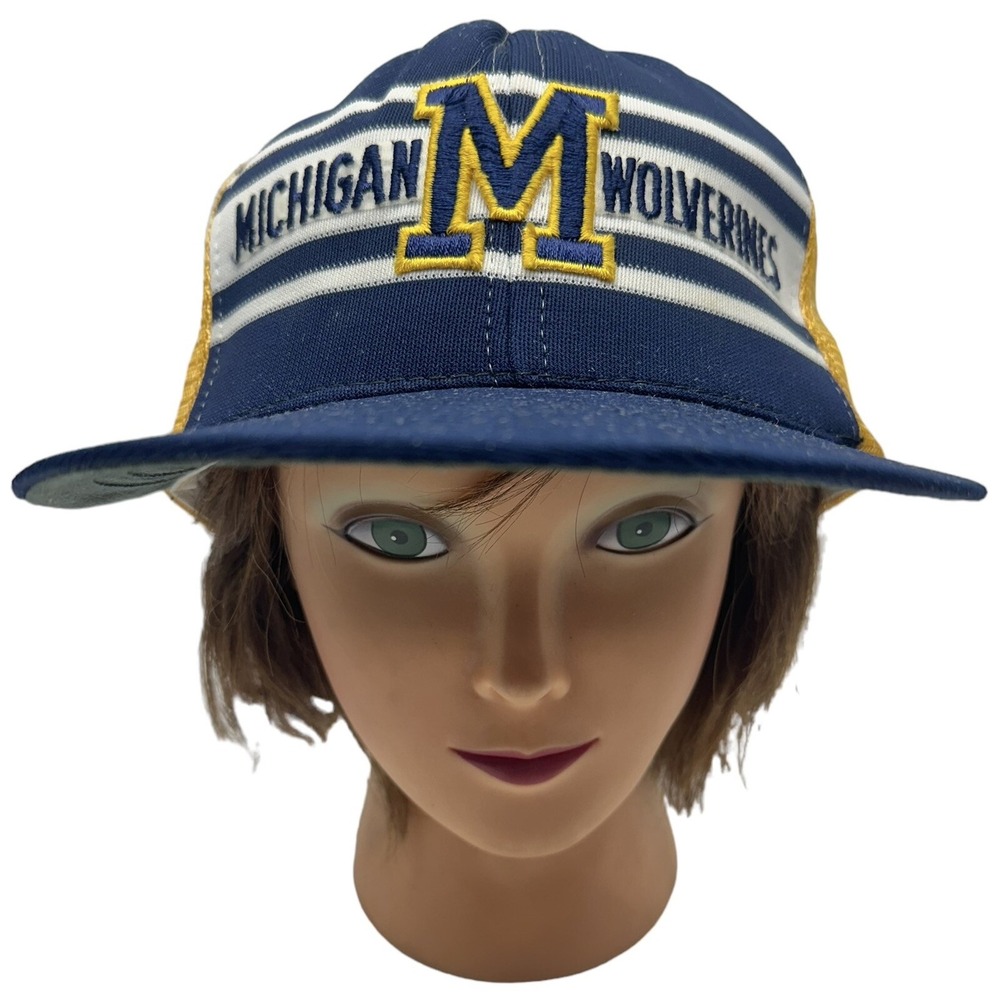 Vintage 1980s 80s University Of Michigan Wolverines Mesh Trucker Hat Stripe L XL